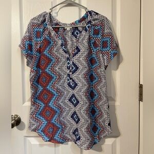 2/$15 Kim Rogers short sleeve Henley Aztec blouse